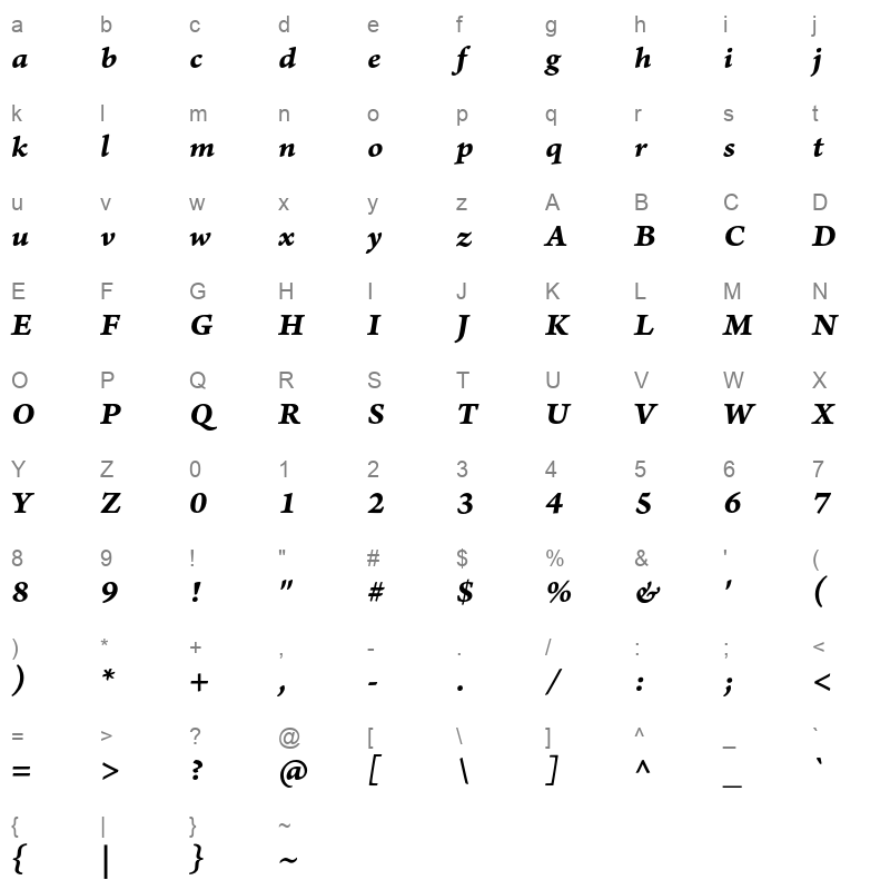 ArnoPro-BoldItalicCaption Character Map