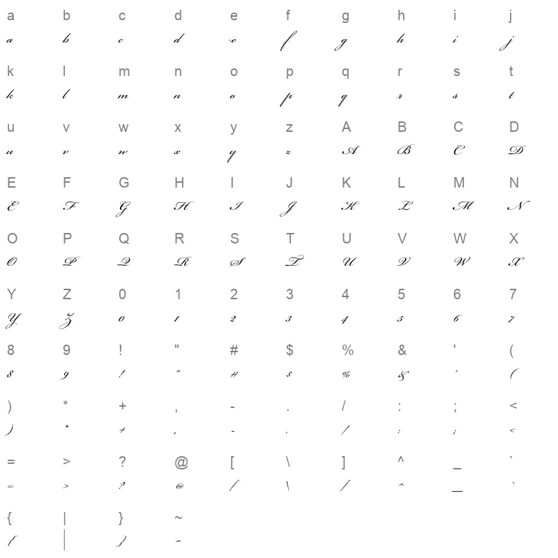 BickhamScriptPro-Regular Character Map