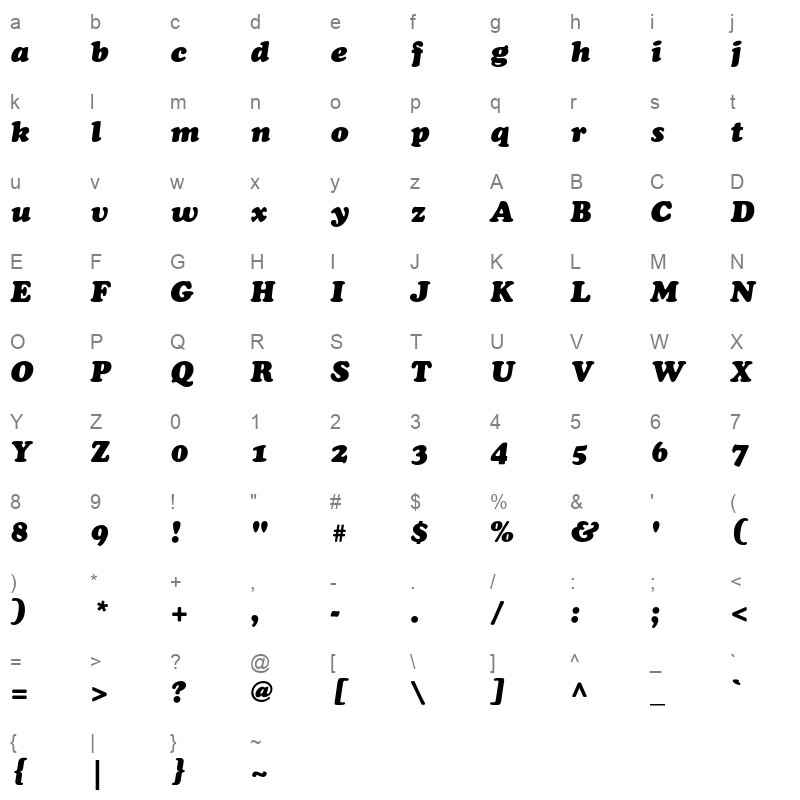 CooperBlackStd-Italic Character Map