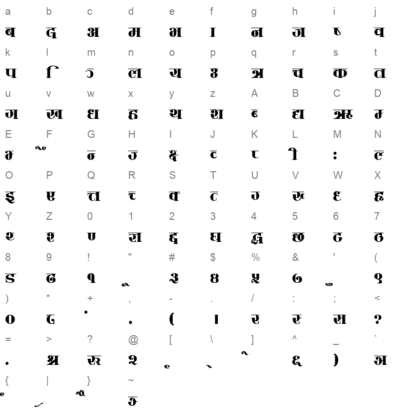 CV Sadhana Regular Character Map