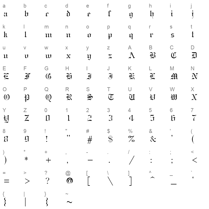 GOTHICE Character Map