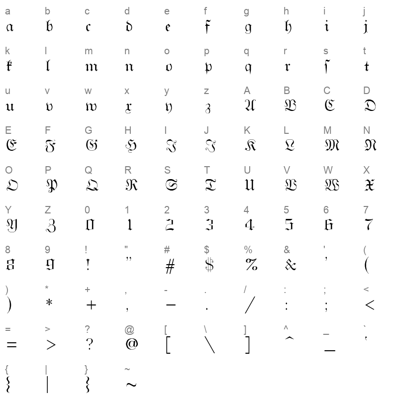 gothicg Character Map