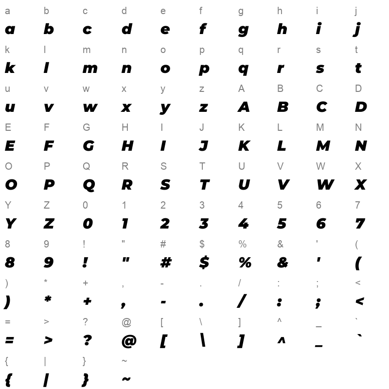Montserrat-BlackItalic Character Map