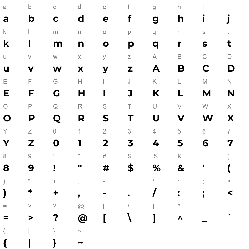Montserrat-Bold Character Map