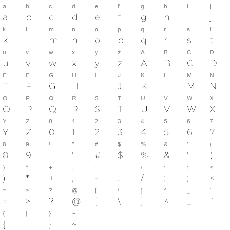 Montserrat-ExtraLight Character Map