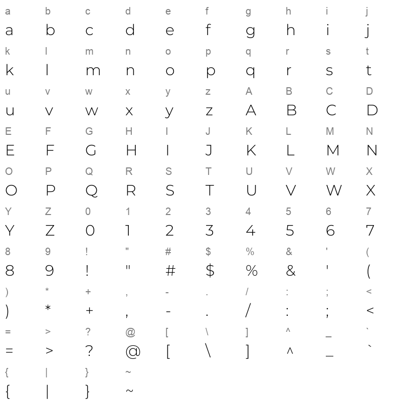 Montserrat-Light Character Map