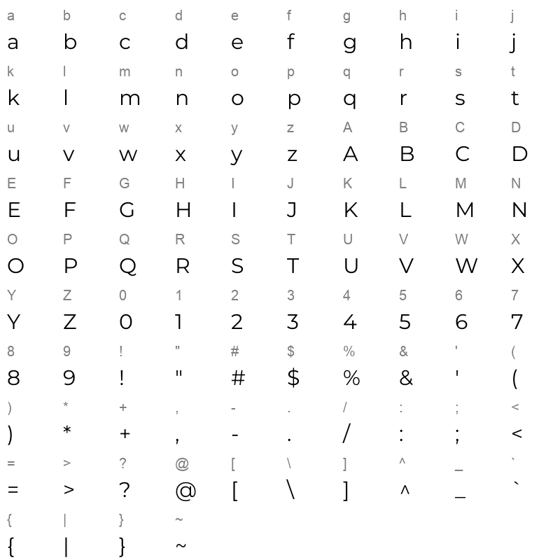 Montserrat-Regular Character Map