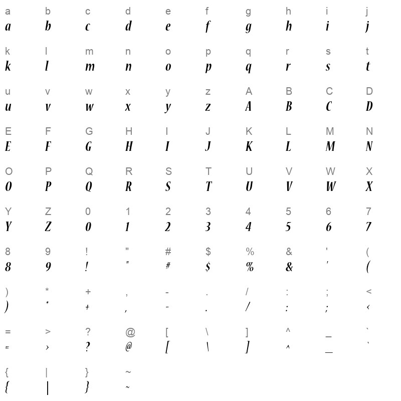 NuevaStd-BoldCondItalic Character Map