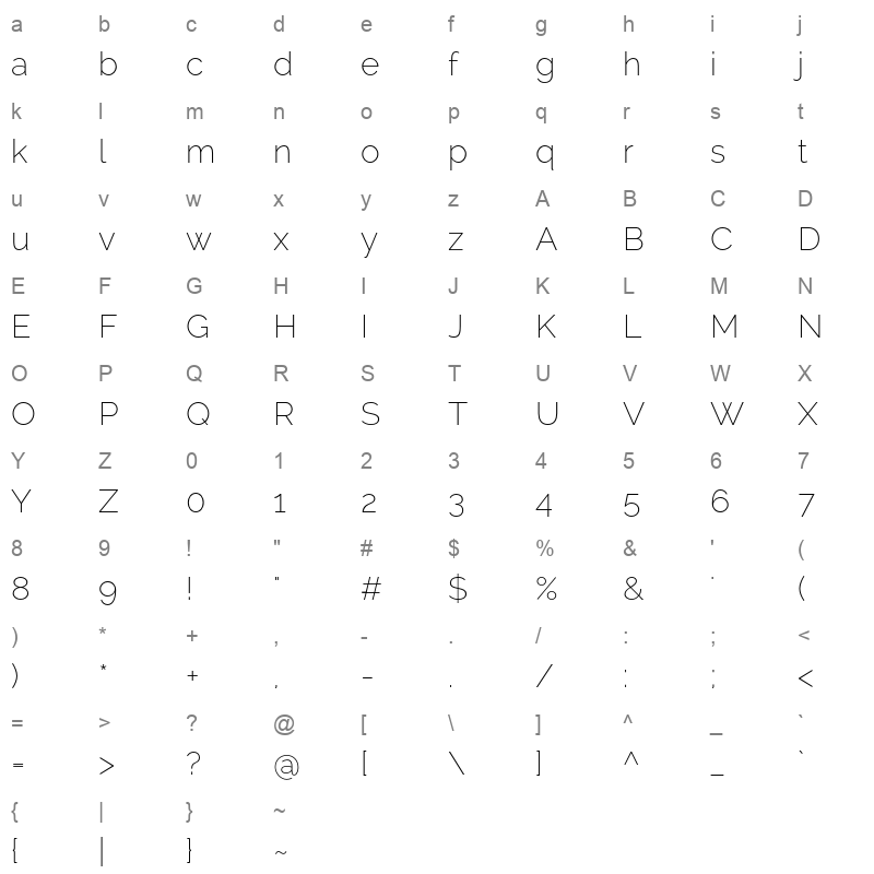 Raleway-ExtraLight_0 Character Map