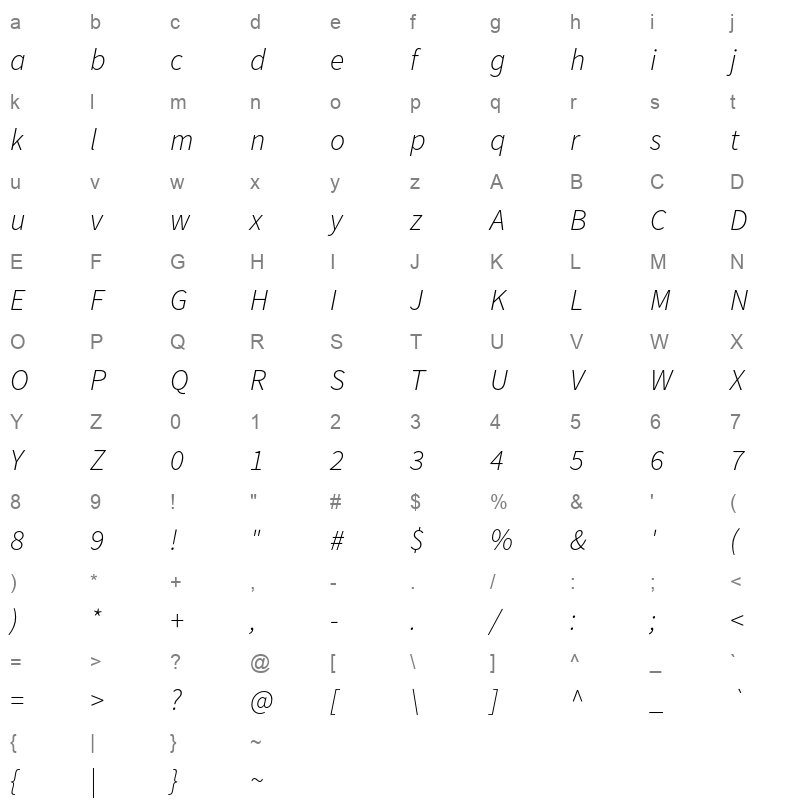 SourceSansPro-LightIt Character Map