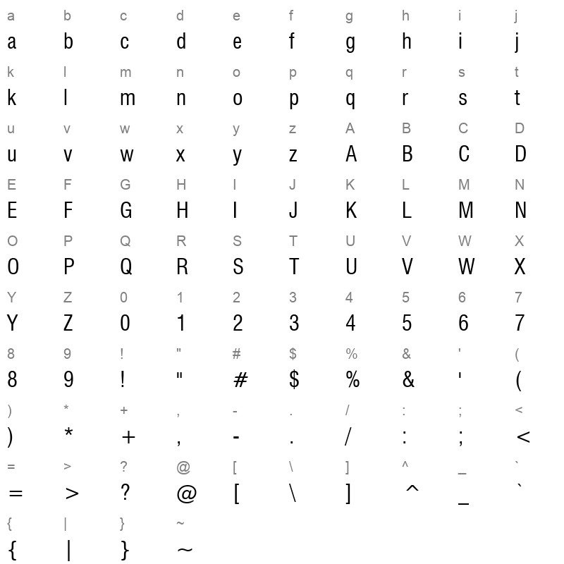 tt0009m_0 Character Map